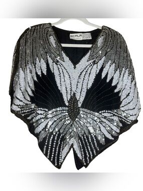 Vintage 80s Black + Silver Flower Blouse Top Glam Sequin Beaded Silk